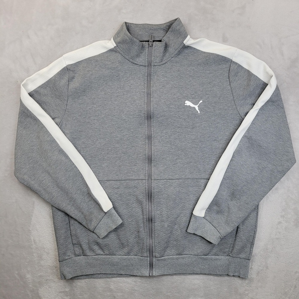 Puma Jacket Mens Large Gray White Sweater Sweatshirt Full Zip Athletic Stripes